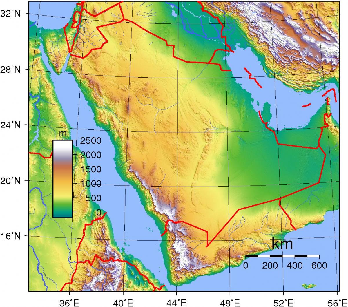 خريطة المملكة العربية السعودية الارتفاع